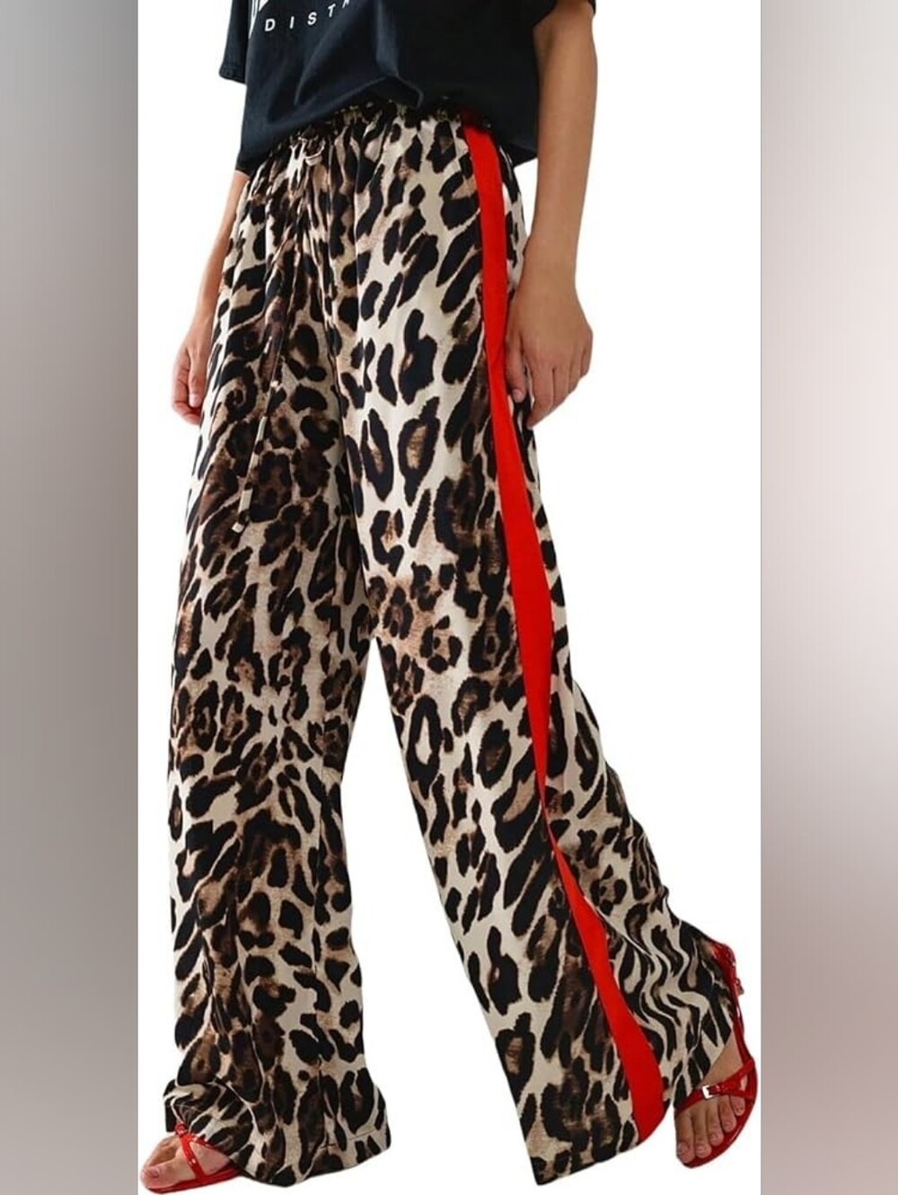 Leopard Print Wide Leg Pants with Red Side Stripe